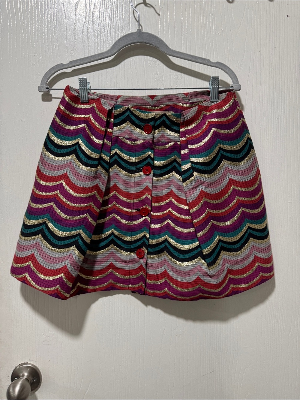 See By Chloe Multicolor Wave-Stripe Mini Skirt with Red Buttons